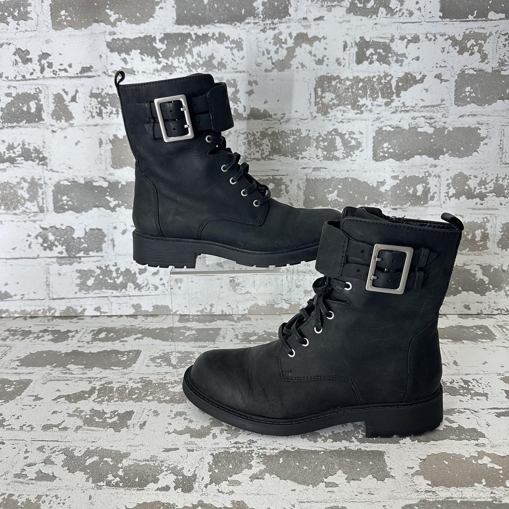Clarks Boots Womens‎ Size 6.5M Black Nubuck Combat Ankle Lace Up Buckle Zip